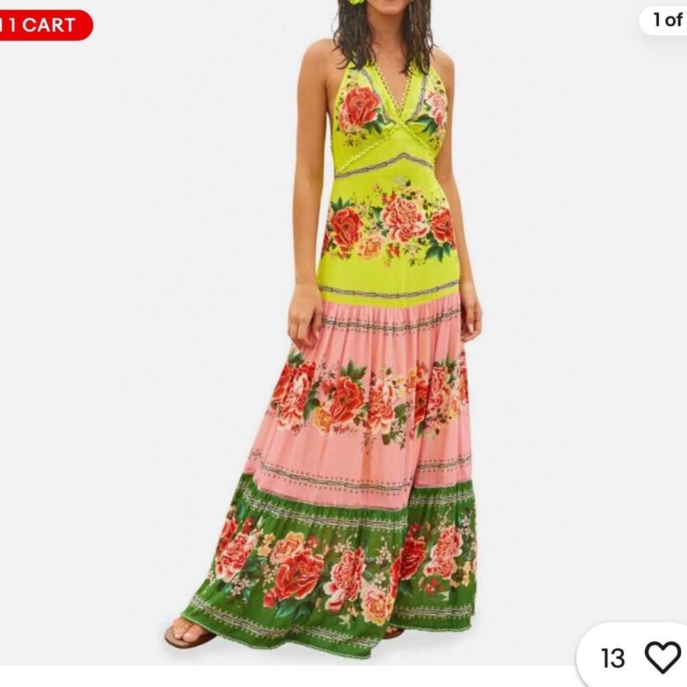 Farm Rio Manuela Halter Floral Scalloped Colorful Pastel Maxi Dress L